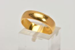 A 22CT GOLD BAND RING, plain polished design, approximate width 5.2mm, ring size N leading edge,