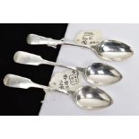 THREE SILVER TEASPOONS, two old English pattern spoons each with engraved initials to the terminals,