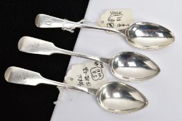 THREE SILVER TEASPOONS, two old English pattern spoons each with engraved initials to the terminals,