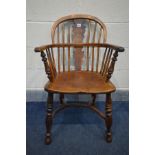 A 19TH CENTURY ELM AND YEWWOOD WINDSOR ARMCHAIR, spindled and splat back, dish seat, turned legs