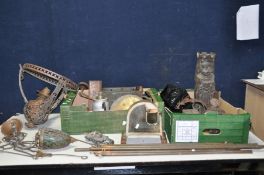 THREE BOXES OF MISCELLANEOUS including a Victorian hanging oil lamp, a Salter 201 brass faced scale,