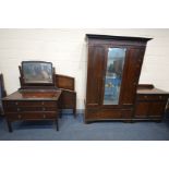 AN EDWARDIAN MAHOGANY THREE PIECE BEDROOM SUITE, comprising a mirrored single door wardrobe, width