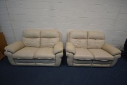 A TWO PIECE CREAM LEATHER SUITE comprising two two seater electric recliner and a manual two