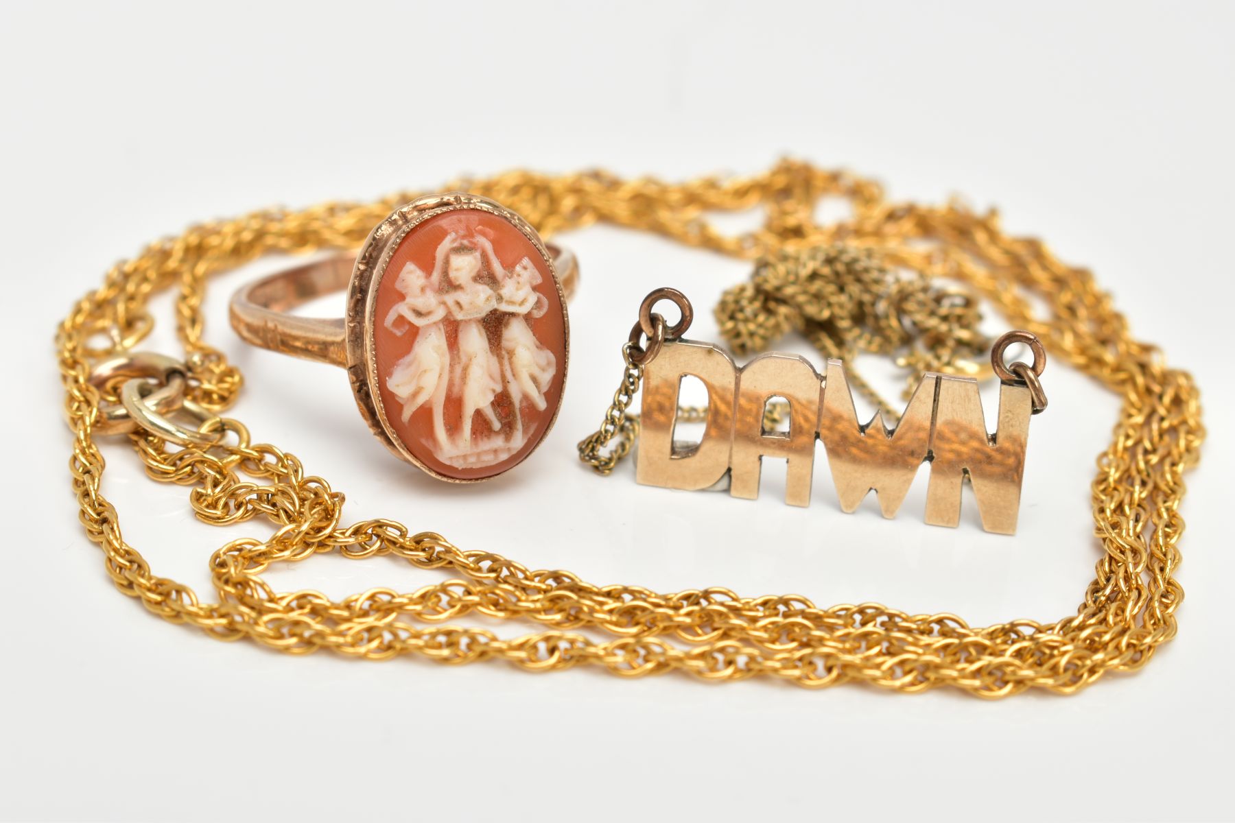 TWO CHAIN NECKLACES AND A RING, the 9ct gold cameo ring depicting the Three Graces, 9ct hallmark,