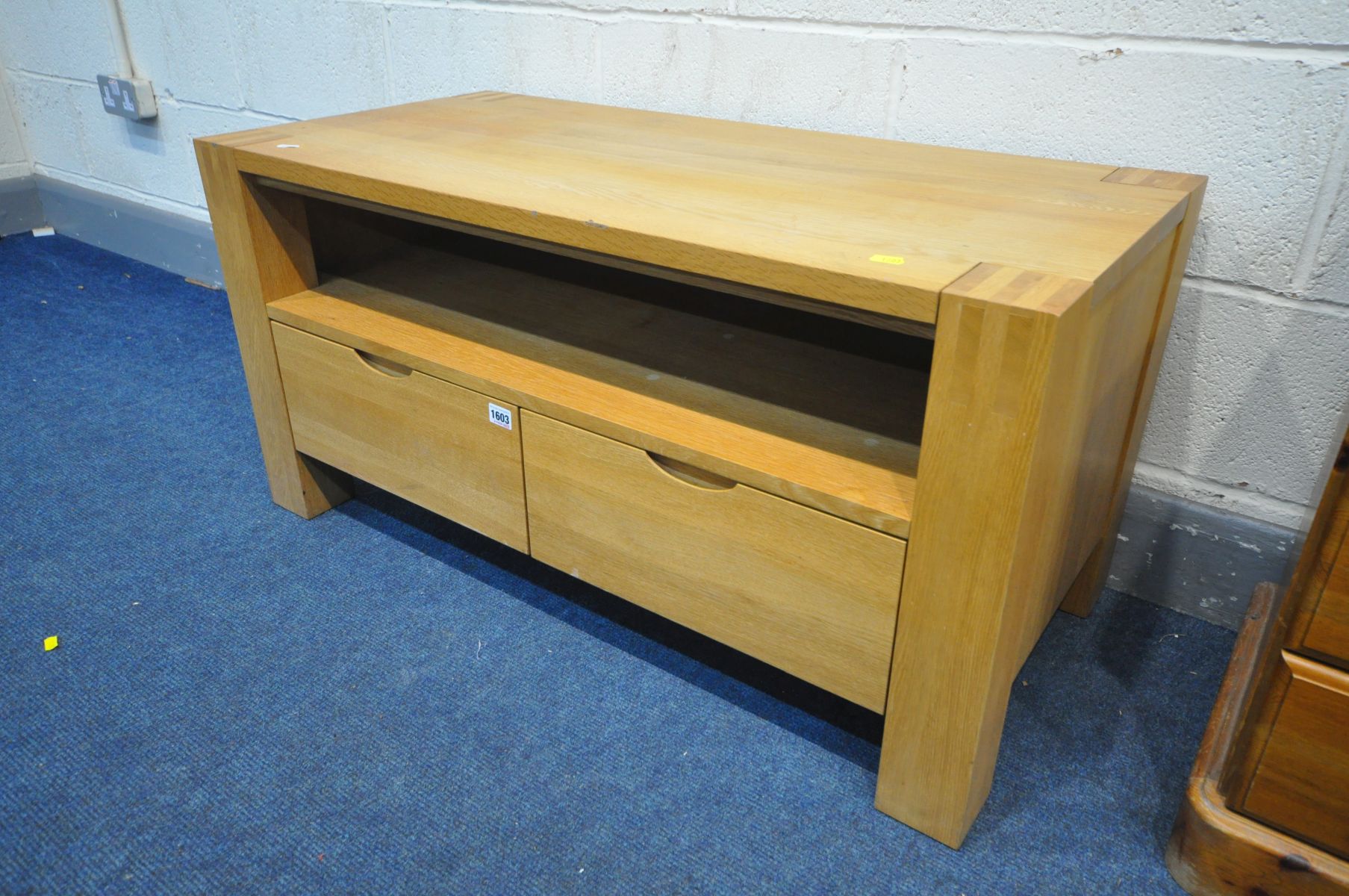 A SOLID OAK TV STAND with two drawers, width 101cm x depth 48cm x height 50cm, and a pine chest of - Image 2 of 3