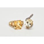 A 9CT GOLD CITRINE RING AND A PENDANT, the ring designed with a claw set, oval cut citrine,