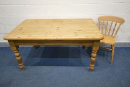 A PINE KITCHEN TABLE with a single drawer, length 153cm x depth 92cm x height 78cm and a beech chair