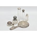 SILVER VANITY PIECES, to include a hand held mirror dated 1985, two cut glass pots dated 1818 and