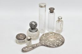 SILVER VANITY PIECES, to include a hand held mirror dated 1985, two cut glass pots dated 1818 and