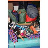 TWO BOXES OF WALKING/CAMPING/EXPLORING EQUIPMENT, to include walking poles, modern ice pick,