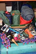 TWO BOXES OF WALKING/CAMPING/EXPLORING EQUIPMENT, to include walking poles, modern ice pick,