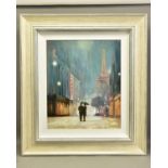 MARK SPAIN (BRITISH CONTEMPORARY) 'PARIS ROMANCE II' figures walking in rain in Paris, signed bottom