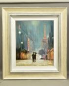 MARK SPAIN (BRITISH CONTEMPORARY) 'PARIS ROMANCE II' figures walking in rain in Paris, signed bottom