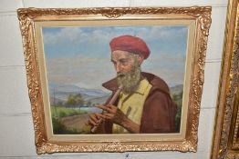 DOMOKOS PAP (1894-1972) a portrait of a Shepherd playing a flute in a landscape setting, signed
