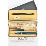 A PARKER 51 AERO METRIC PEN AND PENCIL AND ADDITIONAL CROSS PEN, gold and teal coloured Parker 51