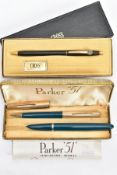 A PARKER 51 AERO METRIC PEN AND PENCIL AND ADDITIONAL CROSS PEN, gold and teal coloured Parker 51