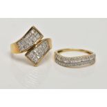 TWO 9CT GOLD DIAMOND RINGS, the first designed as a curved line of baguette cut diamonds flanked