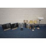 A QUANTITY OF LIGHTING, to include a pair of brassed Laura Ashley table lamps with shades, a
