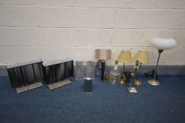 A QUANTITY OF LIGHTING, to include a pair of brassed Laura Ashley table lamps with shades, a