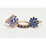 THREE 9CT GOLD SAPPHIRE RINGS, to include an eleven stone cluster ring, oval cut sapphire stones,