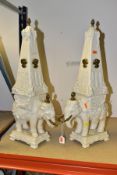 A PAIR OF PETER WELDON CREAMWARE ELEPHANT OBELISKS, comprising each elephant standing on a cast