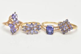 THREE 9CT GOLD TANZANITE RINGS AND ONE SIMULATED TANZANITE 14CT GOLD RING, sixteen stone tanzanite