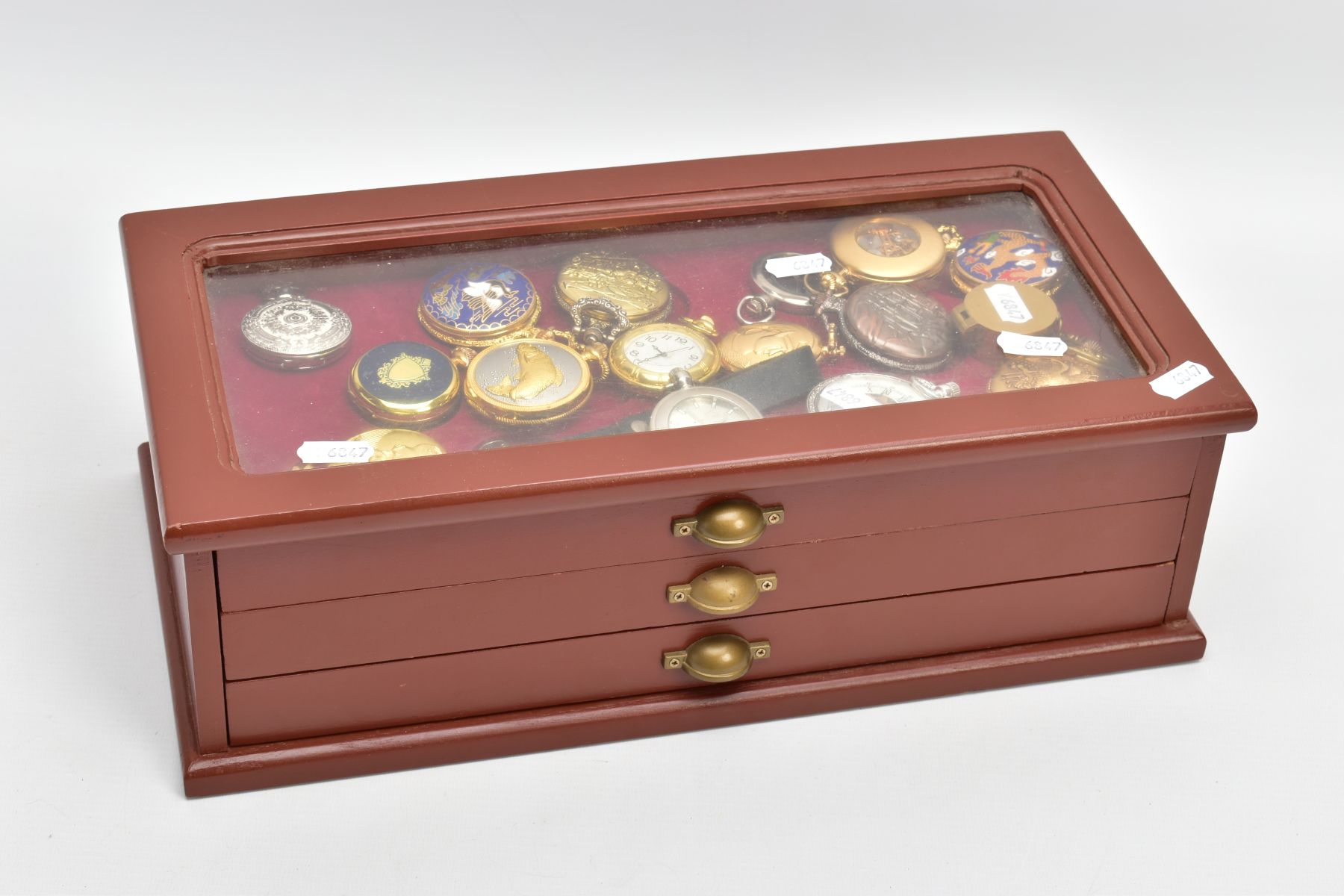 A WOODEN DISPLAY BOX OF NOVELTY POCKET WATCHES, wooden display box with three draws and a glass - Image 5 of 5