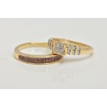 TWO 9CT GOLD DIAMOND RINGS, the first designed with a square mount set with four princess cut