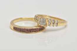 TWO 9CT GOLD DIAMOND RINGS, the first designed with a square mount set with four princess cut