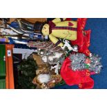 TWO BOXES AND LOOSE MODERN CHRISTMAS DECORATIONS to include a boxed North Pole train set, a pair