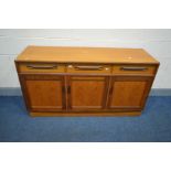 A G PLAN FRESCO TEAK SIDEBOARD, with three drawers above triple cupboard doors, width 143cm x