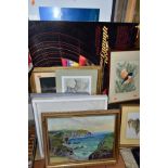 A GROUP OF PICTURES AND CINEMA POSTERS, including prints, watercolours, pastels, silk embroidery,