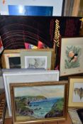 A GROUP OF PICTURES AND CINEMA POSTERS, including prints, watercolours, pastels, silk embroidery,