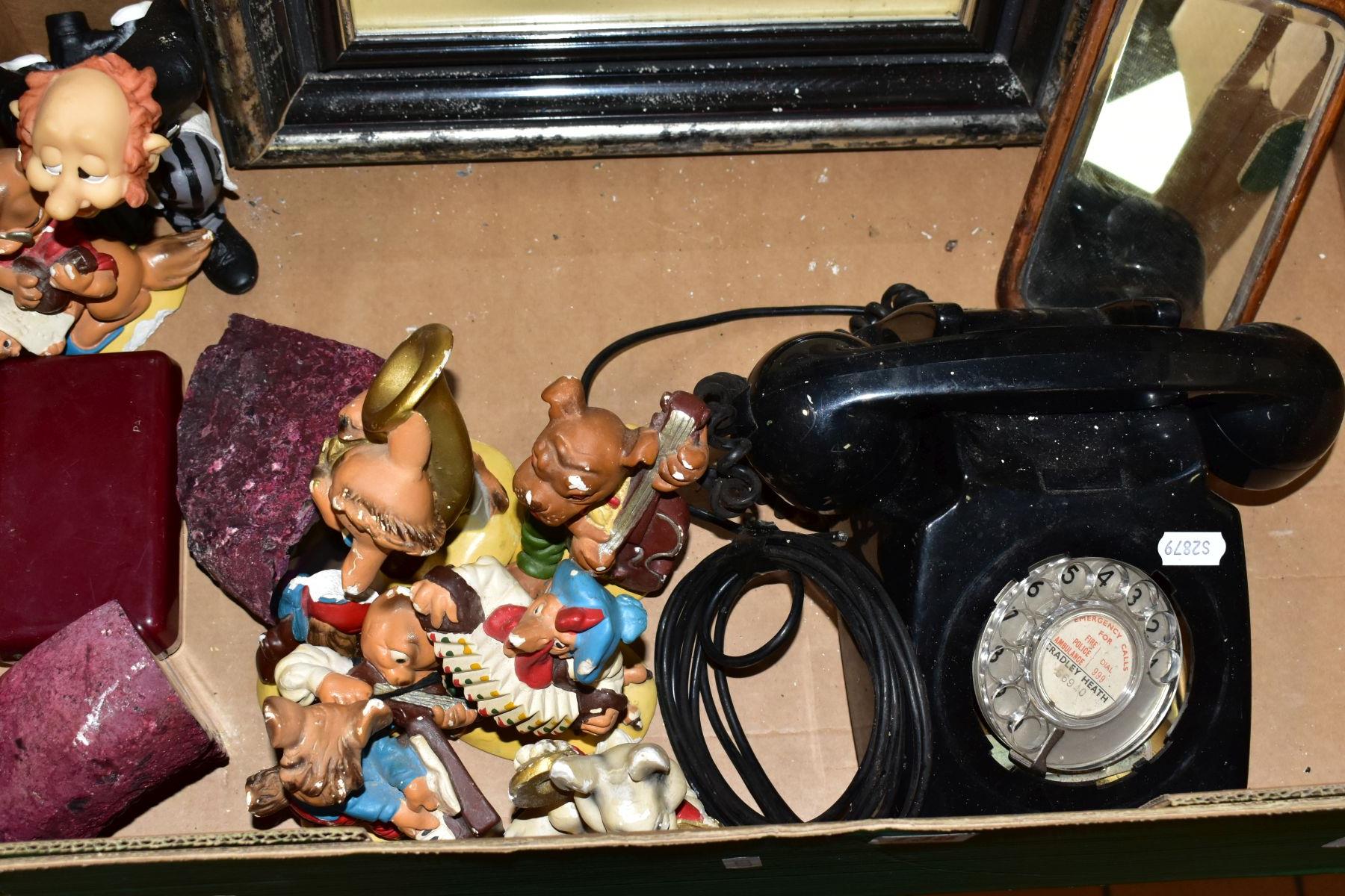 TWO BOXES AND LOOSE PICTURES, ORNAMENTS, VINTAGE TELEPHONE AND GRAMOPHONE, ETC, to include an - Image 2 of 8