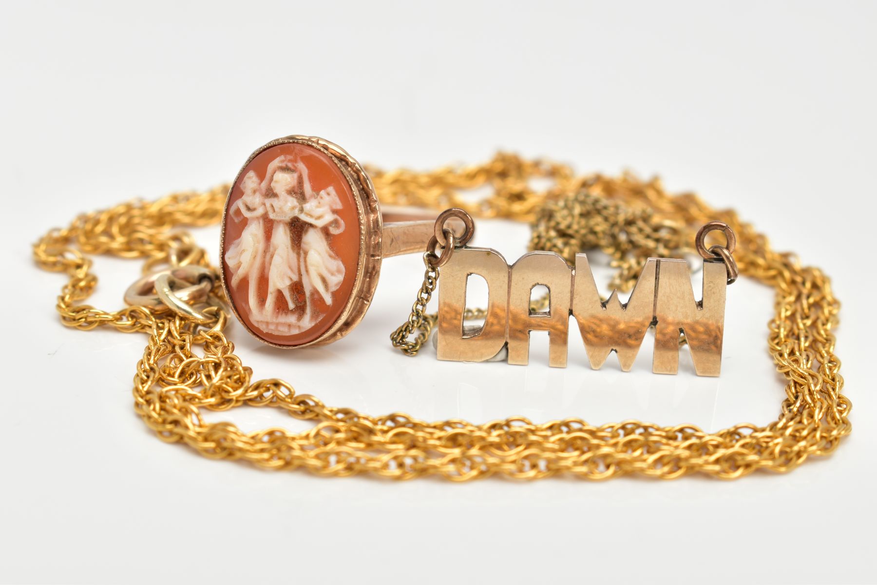 TWO CHAIN NECKLACES AND A RING, the 9ct gold cameo ring depicting the Three Graces, 9ct hallmark, - Image 2 of 2