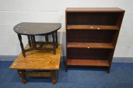 AN TEAK OPEN BOOKCASE, width 80cm x depth 26cm x height 115cm, along with an oak drop leaf