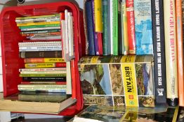 BOOKS, approximately fifty titles in two boxes relating to travel, including maps and guides