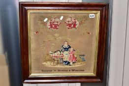 A FRAMED AND GLAZED WOOLWORK DATED 1848, by Catherine Blomileys, depicting mother, daughter and cat,