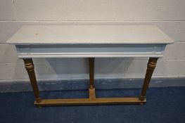 A 19TH CENTURY FRENCH CONSOLE TABLE, later cream painted and over gilded, width 127cm x depth 38cm x