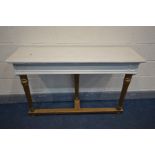 A 19TH CENTURY FRENCH CONSOLE TABLE, later cream painted and over gilded, width 127cm x depth 38cm x