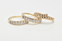 THREE 9CT GOLD DIAMOND RINGS, to include two eleven stone rings, each designed as graduated rows