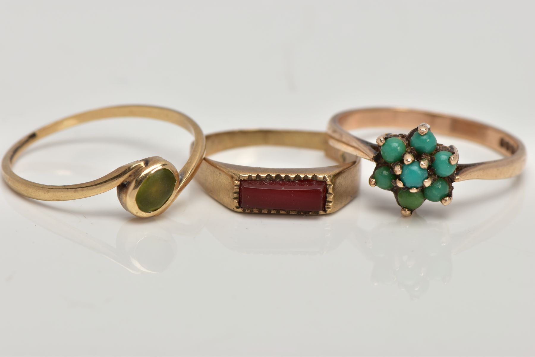 THREE 9CT GOLD RINGS, the first a turquoise cluster ring, set with seven small turquoise - Image 2 of 3