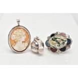A SILVER SCOTTISH BROOCH, A SILVER CAMEO PENDANT AND A WHITE METAL BALL PENDANT, the Scottish brooch