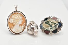 A SILVER SCOTTISH BROOCH, A SILVER CAMEO PENDANT AND A WHITE METAL BALL PENDANT, the Scottish brooch