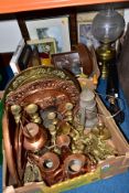 TWO BOXES AND LOOSE METALWARES, PICTURES AND SUNDRY ITEMS, to include copper and brass chargers,