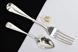 A SILVER FORK AND TEASPOON, Hanoverian fork with an engraved motif to the reverse of the terminal,