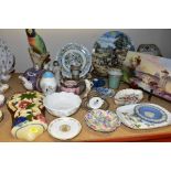 A GROUP OF CERAMIC WARES AND ORNAMENTS, to include a Wedgwood 'Clio' coffee can and saucer , Royal