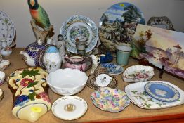 A GROUP OF CERAMIC WARES AND ORNAMENTS, to include a Wedgwood 'Clio' coffee can and saucer , Royal