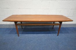 A1960'S DANISH TEAK SURFBOARD COFFEE TABLE, on cylindrical tapering legs united by stretchers,