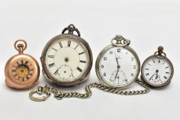 AN OMEGA OPEN FACE POCKET WATCH AND THREE OTHERS, hand wound movement, round white dial, signed